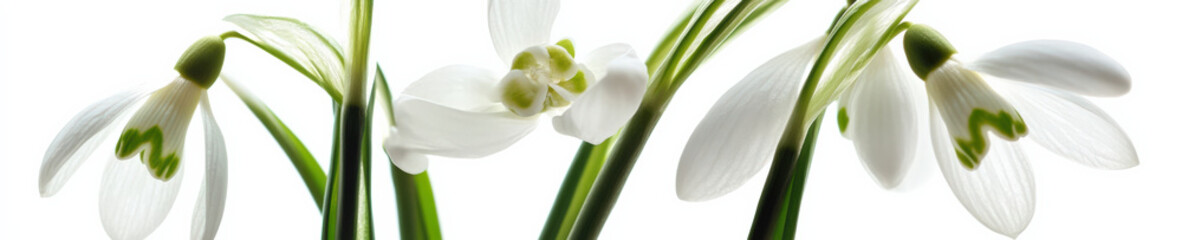 Snowdrop flowers backlit close up on white background banner

