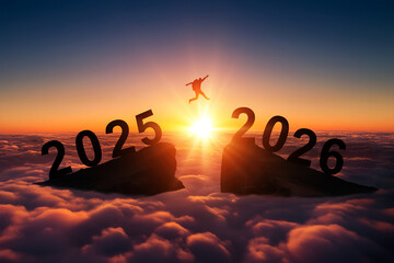 Welcome Merry Christmas and Happy New Year 2026, Silhouette Man Jumping from 2025 to 2026 Cliff with Cloudy Sky and Sunlight

