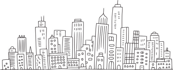 Fototapeta premium Hand drawn black and white city skyline outline buildings