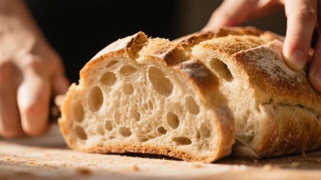 Artisan Sourdough Bread Close Up Slicing Reveals Airy Texture, Crusty Exterior, Showcasing Craftsmanship and Warmth of Homemade Baking