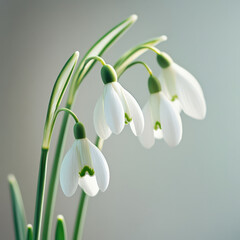 Soft spring snowdrop flowers close up on pastel background

