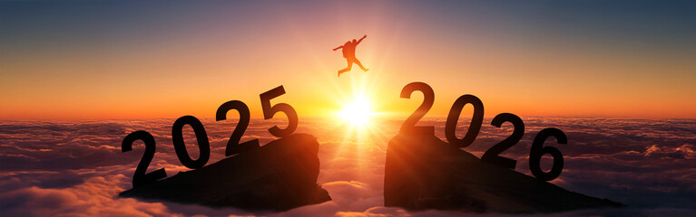 Welcome Merry Christmas and Happy New Year 2026, Silhouette Man Jumping from 2025 to 2026 Cliff with Cloudy Sky and Sunlight