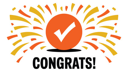 Congrats celebration icon with check mark symbol and fireworks burst representing success achievement approval and positive feedback isolated on white background