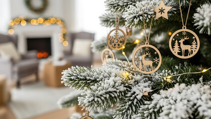 A close-up of a snow-flocked Christmas tree adorned with rustic wooden ornaments in a cozy, festive living room.