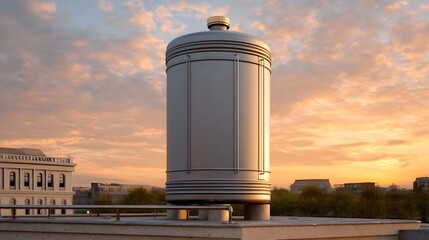 A large sleek cylindrical metal water heater tank is prominently situated on a rooftop bathed in the warm dramatic light of a golden hour sunset over