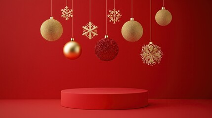 Christmas podium with golden snowflakes and hanging decoration balls on red background, festive product display presentation mockup for New Year concept