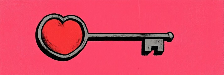 Red heart shaped key on red background, key to the heart concept