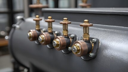 Close up of industrial valves attached to a grey metallic tank