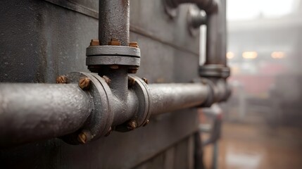 Detailed close up of weathered industrial metal pipes with flanges and bolts set against a blurred hazy background suggesting a factory or workshop
