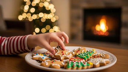 A child's hand reaching for a decorated gingerbread cookie from a plate of festive Christmas cookies, with a blurred Christmas tree and fireplace in the background.