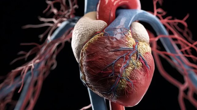 Realistic 3D illustration of a human heart and circulatory system with arteries and veins.