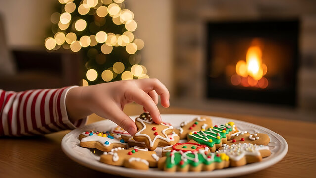 A child's hand reaching for a decorated gingerbread cookie from a plate of festive Christmas cookies, with a blurred Christmas tree and fireplace in the background. - Powered by Adobe