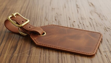 Brown leather luggage tag with gold buckle on wooden surface