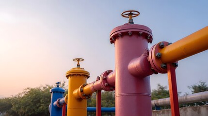 Vibrant colorful industrial pipes and valves connect outdoors under a gentle dawn sky