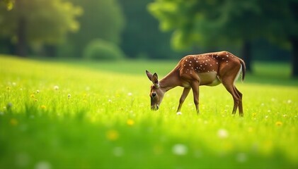 Graceful deer elegantly feeding amidst vibrant green meadow , peaceful, deer