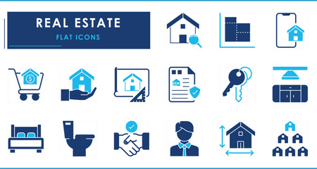 A set of flat icons related to Real Estate. House, blueprint, construct, agent, sell, agreement, legal, resident, furniture, and so on.