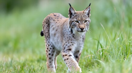 Eurasian lynx -lynx lynx- kitten playing on the forest ground, cute young lynx in the colorful wilderness forest, Germany.

