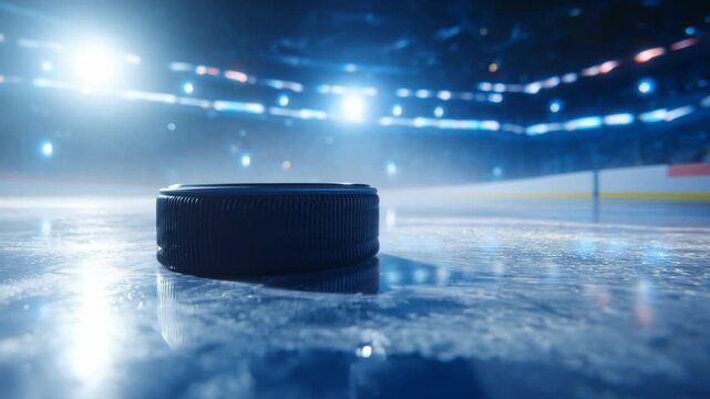 Ice hockey puck resting on an ice rink during a game