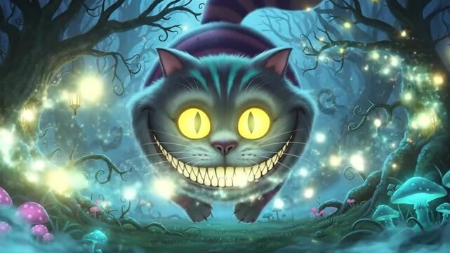 The Cheshire Cats Eerie Grin in a Mystical Forest at Night.