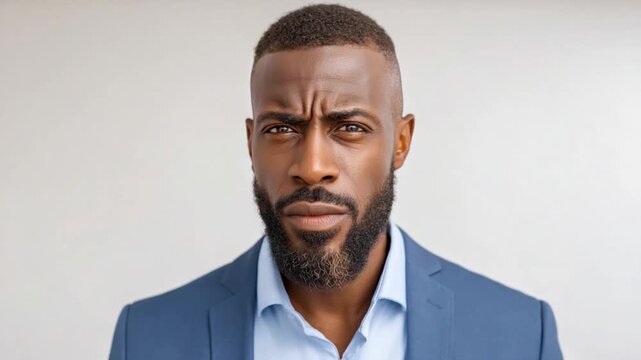 Intense Gaze: A close-up portrait of a thoughtful, serious man, his expression reflecting deep consideration and unwavering resolve.