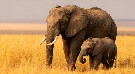 Fototapeta premium A cute little baby elephant with its mother in the savannah