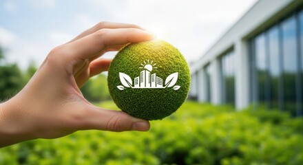 Green city symbol on moss ball held by hand sustainable urban development concept marketing