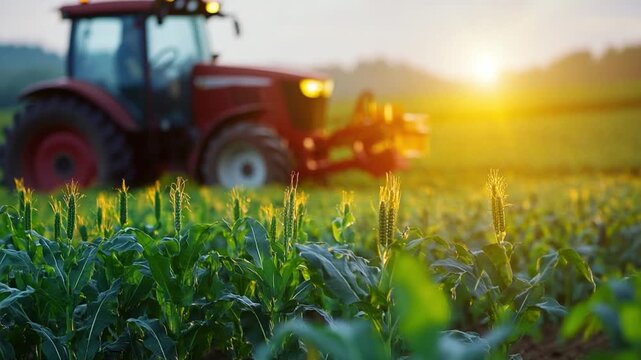 Tractor in Farm Field: Capturing the image of a tractor in a fertile farm field, with rows of vibrant green crops stretching towards the horizon, bathed in the warm glow of the setting sun.