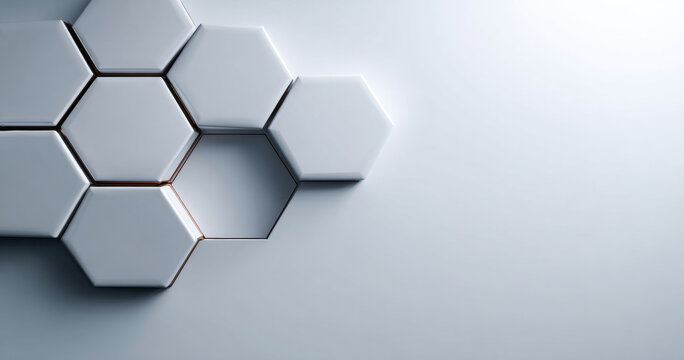 Abstract 3D hexagonal shapes forming a geometric pattern with one hexagon missing on a smooth light gray background - Powered by Adobe