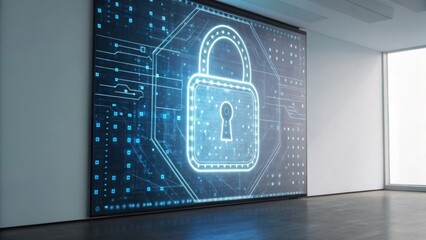 A digital wall display features a glowing padlock symbol against a high-tech background, symbolizing cybersecurity and data protection.
