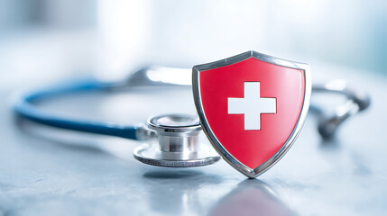 A stethoscope and a shield with a white cross on a red background symbolize health protection and medical assurance, conveying a sense of safety and reliability in healthcare.