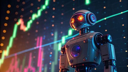 A futuristic robot stands in front of a digital display featuring fluctuating stock market graphs and data, showcasing technology's role in finance.