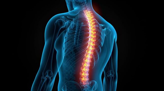 Spine Human Anatomy X-ray Style 3D Medical Illustration. Human spine vertebrae, highlighting spinal pain and spine disorders, including arthritis and osteochondrosis