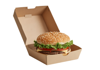 Juicy cheeseburger with lettuce tomato and cheese in open brown box ready for delivery isolated on transparent background