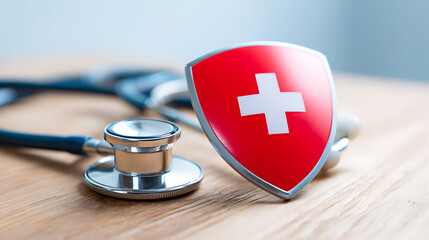 Medical shield and stethoscope on wooden table, symbolizing healthcare protection and safety. Concept for health insurance, disease prevention, and wellness.