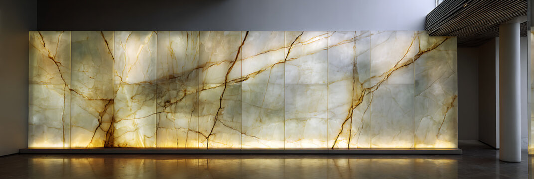 Stunning backlit translucent onyx marble wall panels with golden veining in luxury modern interior lobby, high-end architectural feature wall
