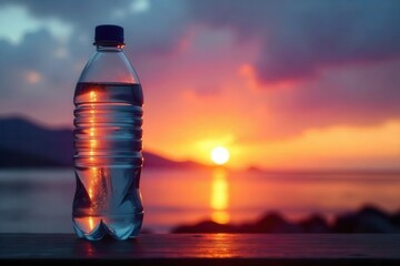 Silhouette of plastic bottle against evening sky , waste, dispose