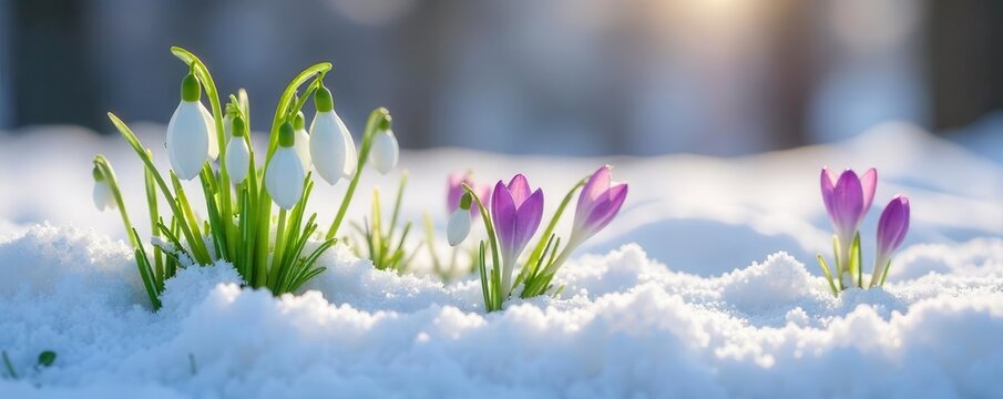 Snowdrops and crocuses bravely pierce melting snowdrift, vibrant colors contrast white , contrast, crocus