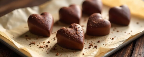 Perfectly baked chocolate hearts, displayed elegantly on parchment, gourmet, artisan