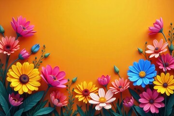 Orange backdrop, multicolored flowers bursting with color , botanical, burst