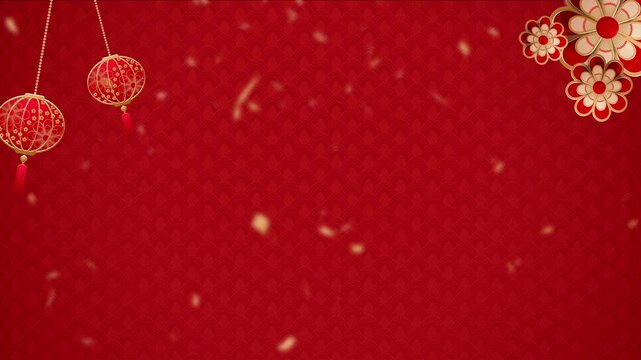 Red lanterns, flowers, and confetti on a textured red background. Suitable for chinese new year designs, festive invitations, and decorations.