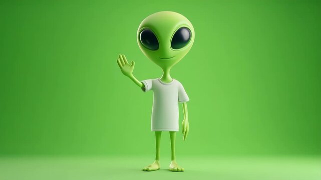 Green cartoon alien character waving hand on plain green background symbolizing extraterrestrial life friendly greeting science fiction fantasy and creative imagination
