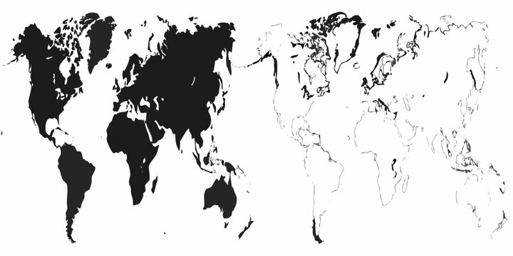 A contrasting world map illustration dark and light continents shown