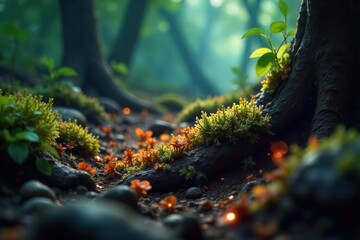Intricate web of luminous mycelium among roots , woods, organic