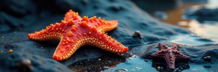 Intensely colored starfish on dark, slick rocks, tide pools visible , coastal, ocean life