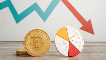 A visual representation of cryptocurrency featuring Bitcoin coins alongside a pie chart, with a downtrend graph indicating market decline.