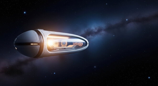 Futuristic medical space capsule travelling through starry cosmic background. Concept of advanced healthcare in interstellar travel, science, future transport or medicine.