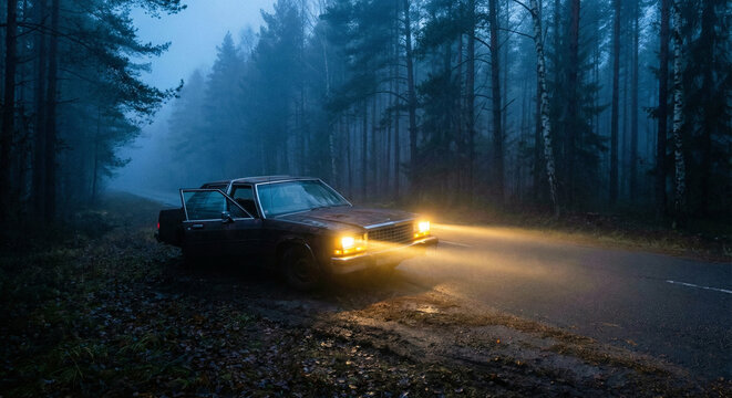 Rusty Car Illuminating Dark Foggy Forest Road at Night