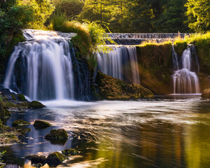 Vertical view of Kostelski Buk waterfall on Una River at sunset, cascading forest waterfalls with long exposure flowing into calm river, peaceful nature background in Bosnia and Herzegovina, travel an