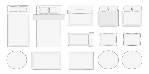 A collection of top down views depicting beds pillows and bedroom furniture © Sanjoy