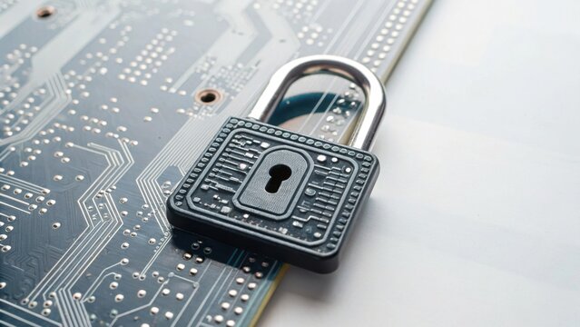 A digital padlock rests on a circuit board, symbolizing cybersecurity and data protection in the modern technological landscape. - Powered by Adobe